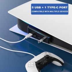 Hub USB 5 ports pour PS5, adaptateur répartiteur de chargeur de hub d'extension haute vitesse Megadream avec 4 ports USB + 1 por