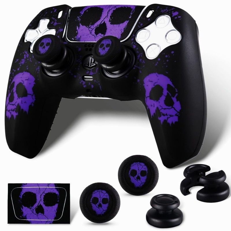 Housse en silicone PlayRealm et autocollant x 1 et joystick anti-chute x 2 pour manette PS5 (Ghost Face Purple)