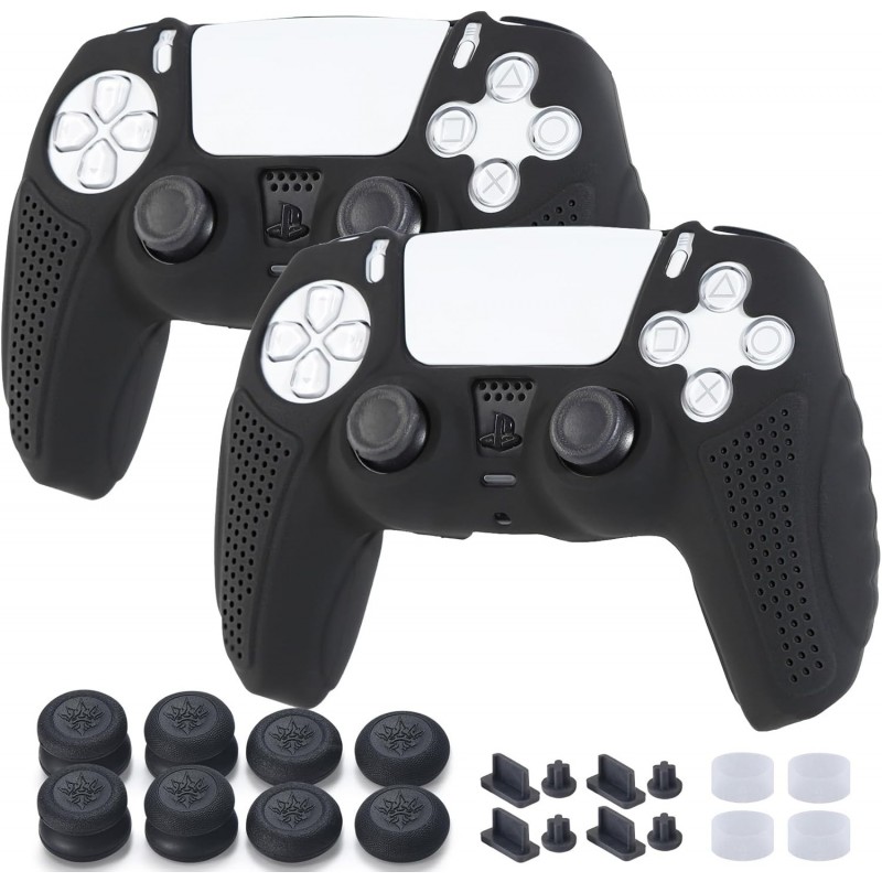 Lot de 2 coques de protection pour manette PS5 (noir) avec 8 poignées pour pouce, 8 prises, 4 protections analogiques