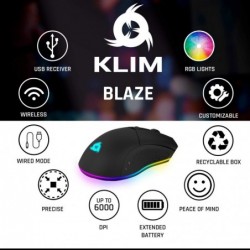 Souris de jeu sans fil rechargeable Klim Blaze RGB + capteur haute précision + 7 boutons personnalisables + jusqu'à 6000 DPI + c