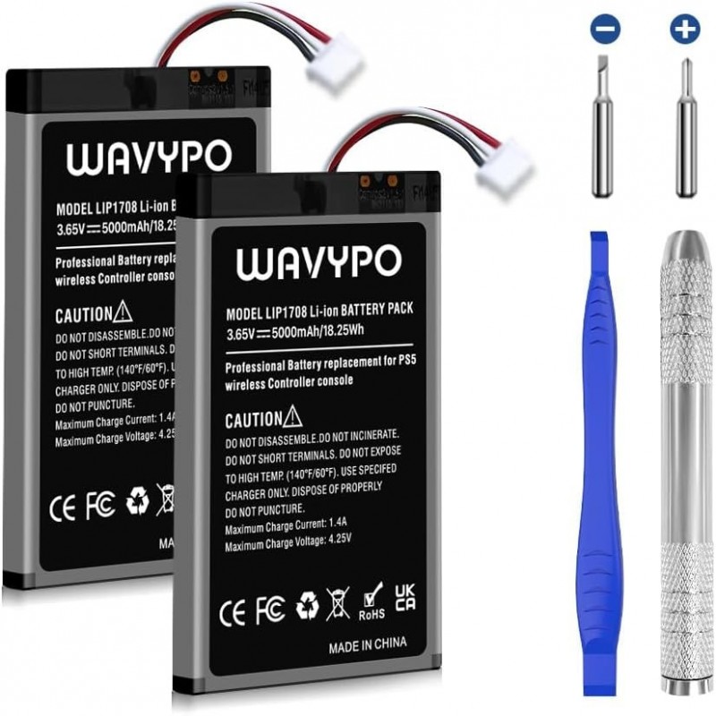 WAVYPO Lot de 2 batteries de rechange pour manette PS5, 5000 mAh, LIP1708, pour manette sans fil Sony PS5 PlayStation 5 DualSens