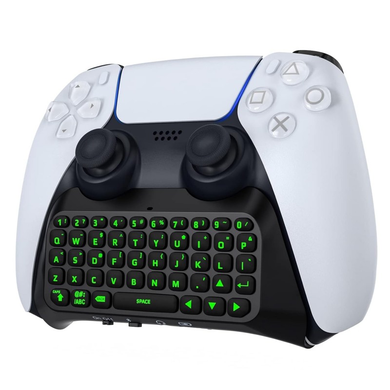 Clavier MoKo pour manette PS5 avec rétroéclairage vert, mini clavier sans fil Bluetooth Chatpad pour PlayStation 5, haut-parleur