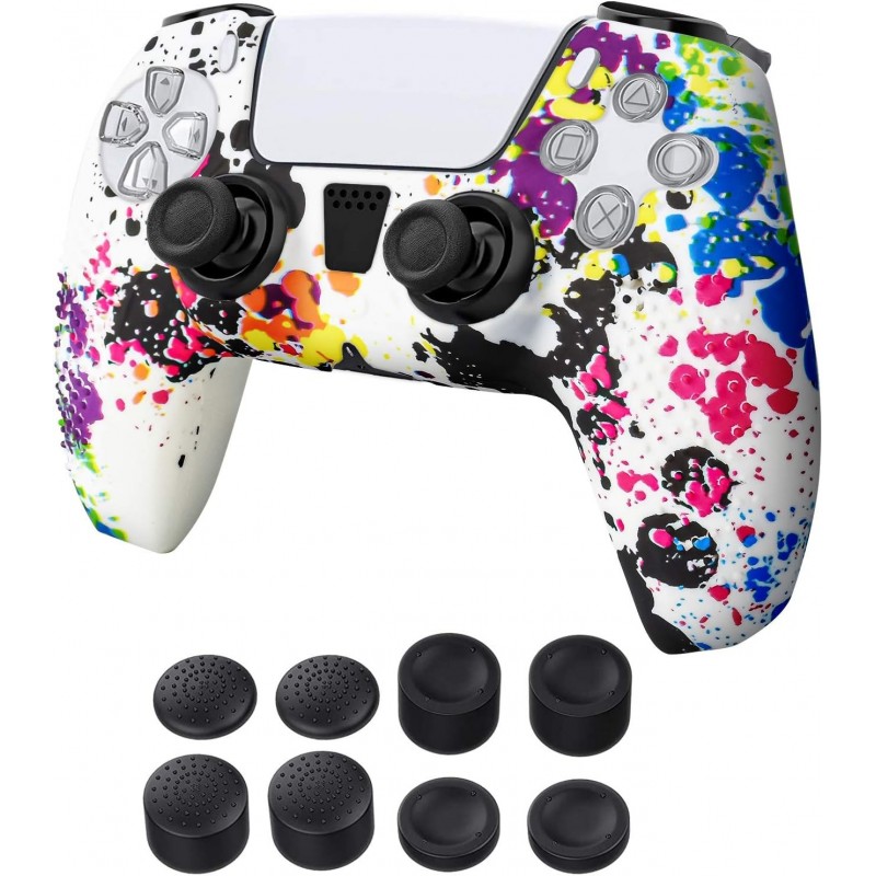 Coque pour manette PS5, impression par transfert d'eau, motif camouflage, coque en silicone souple avec 8 poignées pour pouces, 