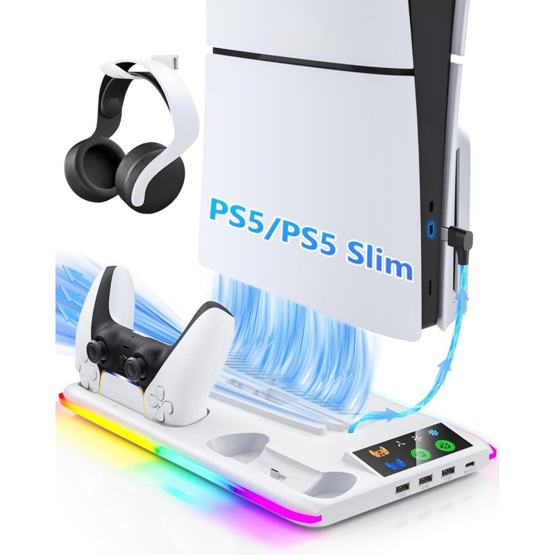 Chargeur de contrôleur pour PS5/PS5 Slim : ventilateur de refroidissement de support PS5 et station de charge de contrôleur, acc