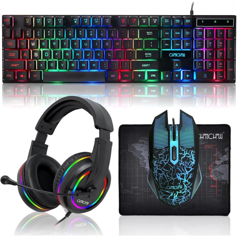 Ensemble clavier, souris, casque et tapis de souris à LED pour jeu, ensemble clavier, souris, casque et tapis de souris à LED ar