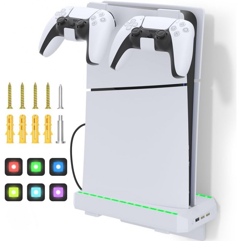 Support PS5 Slim JOYJOM pour support vertical PS5 Slim, kit de montage mural PS5 Slim, support de base PS5 Slim avec lumières LE