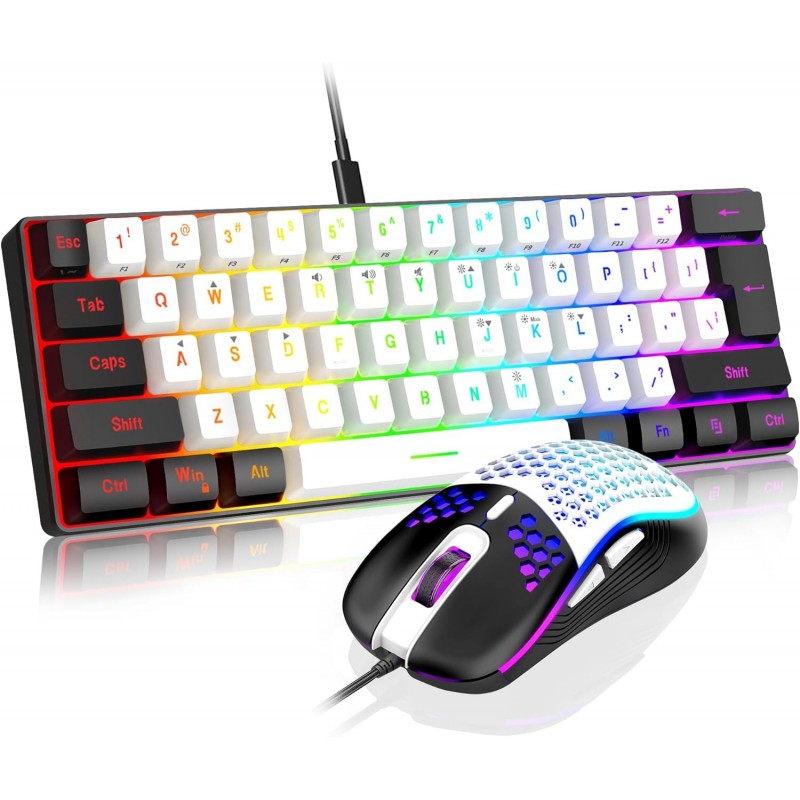 Ensemble clavier et souris de jeu RedThunder 60 %, mini clavier rétroéclairé RVB ultra-compact à 61 touches, souris optique en n