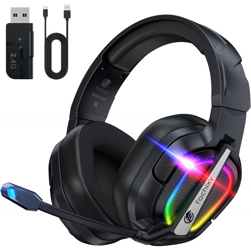 Fachixy Casque de jeu sans fil FC200 pour PS5 - Casque pliable USB 2,4 GHz avec micro - Casque Bluetooth stéréo 3D avec autonomi