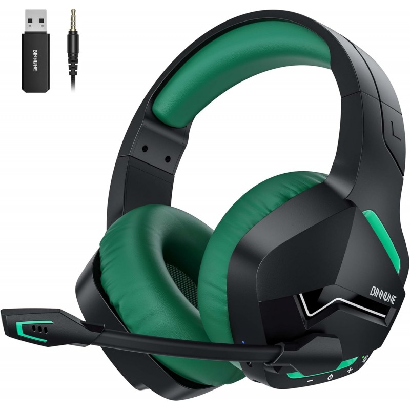 Casque de jeu sans fil BINNUNE avec microphone pour PC PS5 PS4, 2,4 GHz à faible latence, casque de jeu USB Bluetooth 5.0 avec m