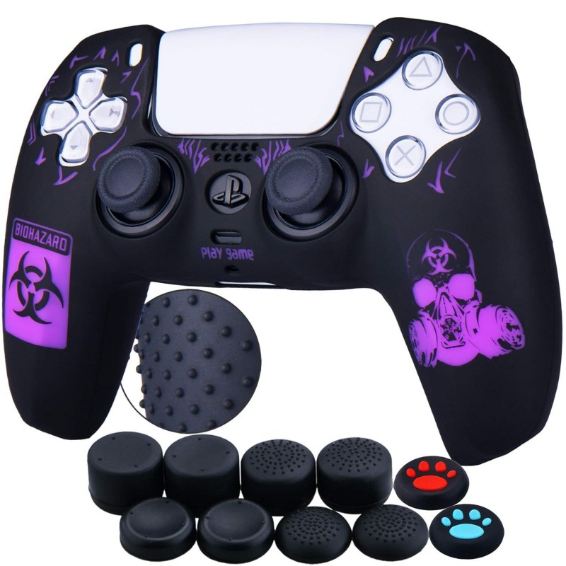 YoRHa Silicone Rubber Back Dots Carving Customization Skin Cover pour manette PS5 x 1 (BH Purple) avec poignées Pro Thumb x 10