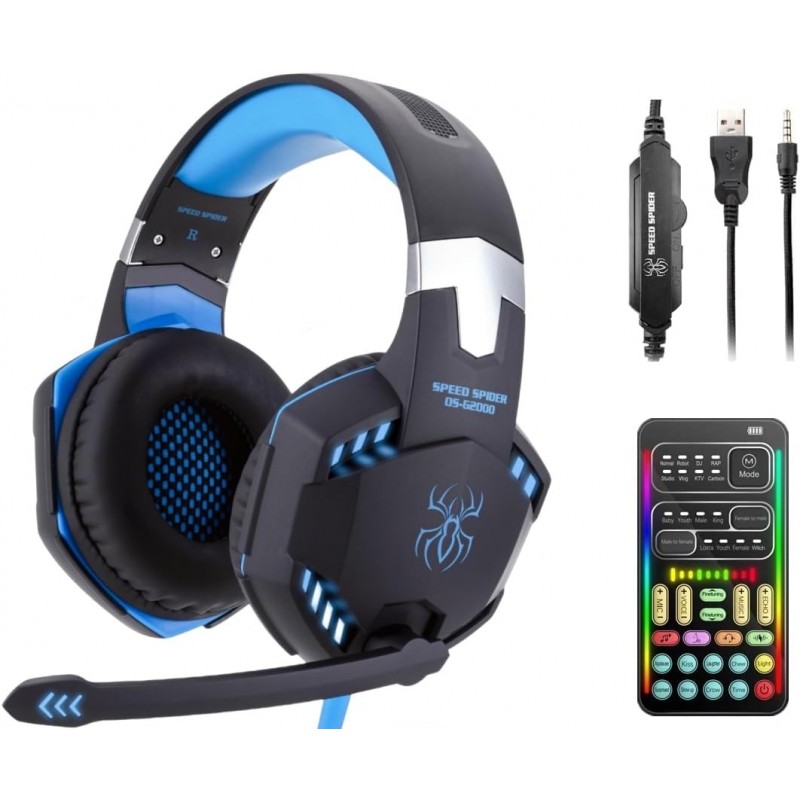 Casque de jeu avec changeur de voix Sktome avec micro, casque supra-auriculaire à lumière LED cool avec contrôle du volume, casq