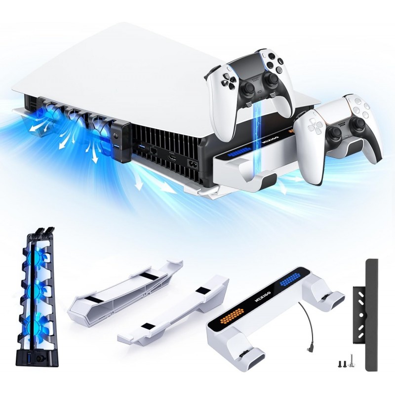 Support horizontal NexiGo PS5 avec station de charge pour contrôleurs PS5 et Edge, ventilateur de refroidissement silencieux à v