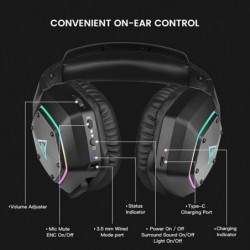 Casque de jeu sans fil EKSA pour PS4 PS5 PC, casque avec son surround 7.1 avec micro ENC et lumière RVB, batterie 36 heures, cas