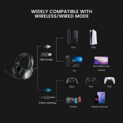 Casque de jeu sans fil EKSA pour PS4 PS5 PC, casque avec son surround 7.1 avec micro ENC et lumière RVB, batterie 36 heures, cas