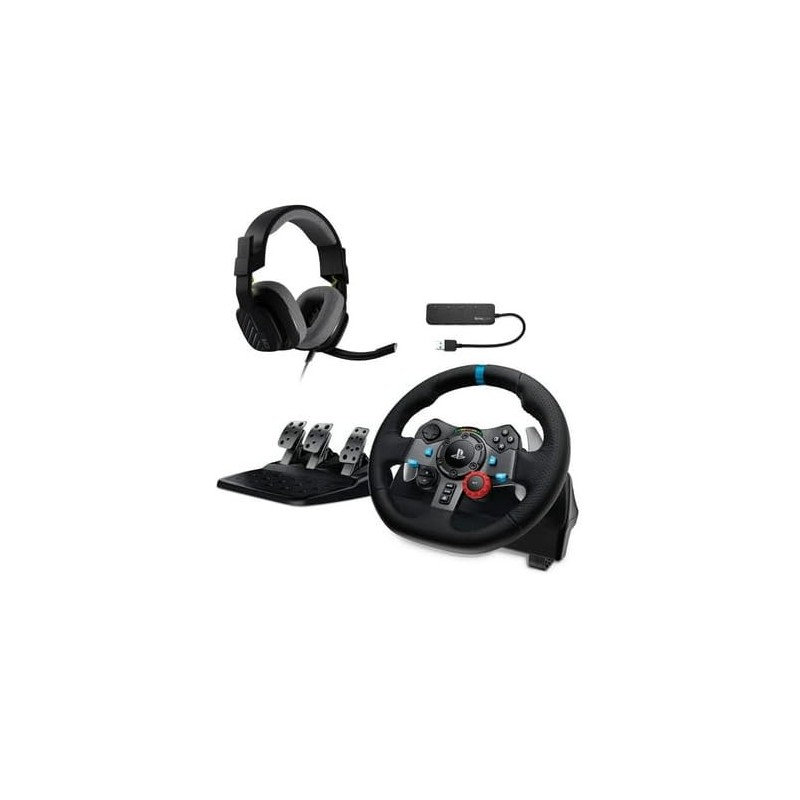 Volant de course de jeu Logitech G à double moteur avec pédales réactives pour PS5, PS4, PC et Mac, pack avec casque de jeu (noi